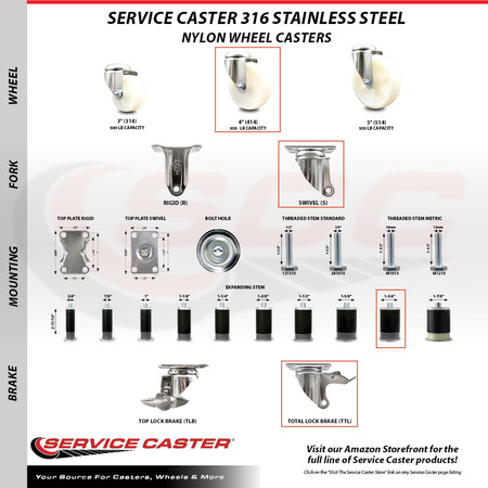 Service Caster 4 Inch 316SS Nylon Wheel Swivel 1-3/4 Inch Expanding Stem Caster Lock Brake SCC SCC-SS316TTLEX20S414-NYS-134